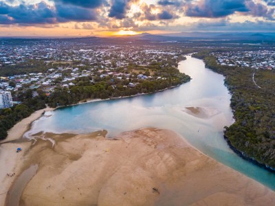 Aerial Image of CURRIMUNDI LAKES AND CALOUNDRA AT SUNSET
