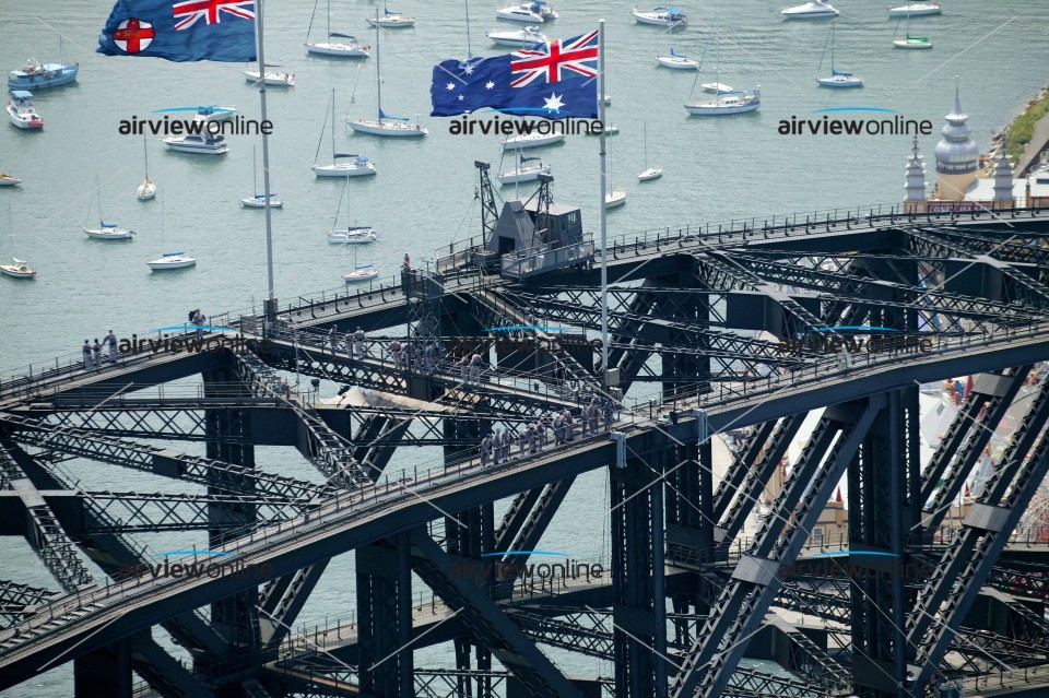 Aerial Photography Sydney Harbour Bridge Flags and Bridgeclimbers