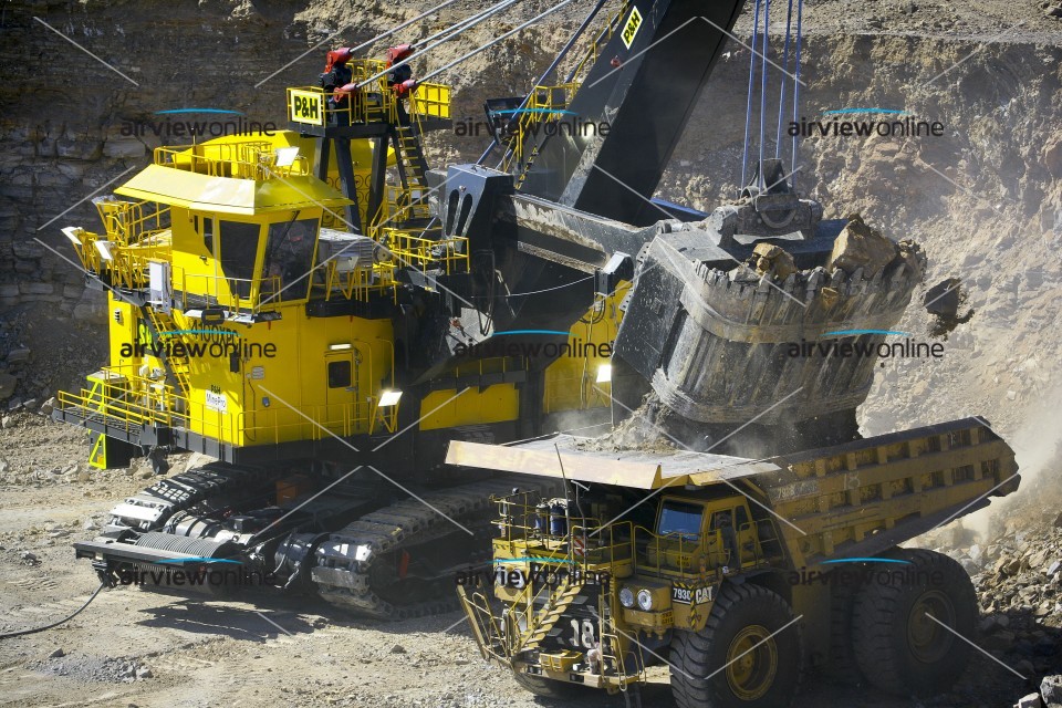 Aerial Image of Mining Shovel unloading into truck